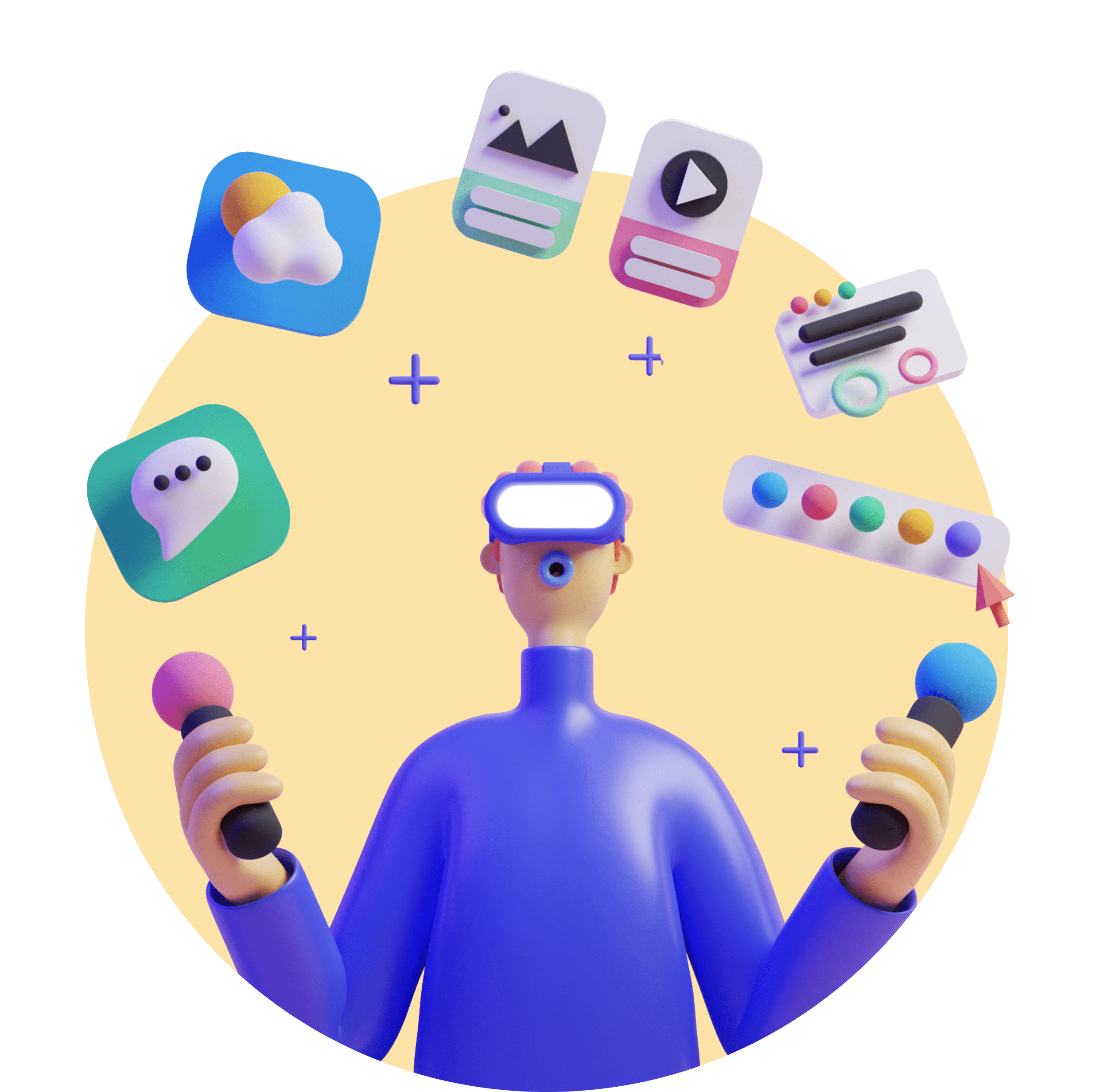 A man with VR glasses, app icons